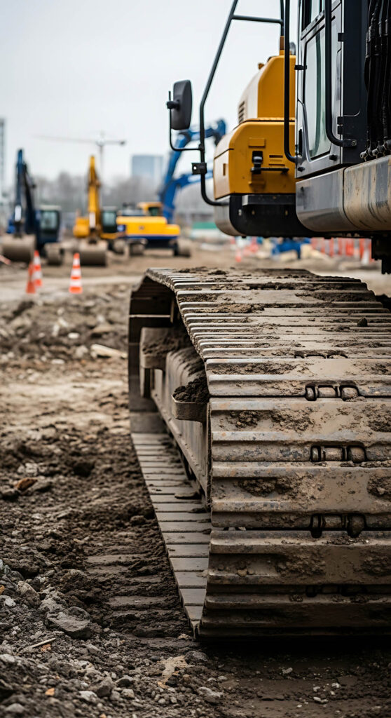 A close-up view of the muddy tracks of a yellow excavator at a construction site. In the background, other construction vehicles and orange traffic cones are visible under an overcast sky. The ground is rough and uneven, covered in dirt and debris.